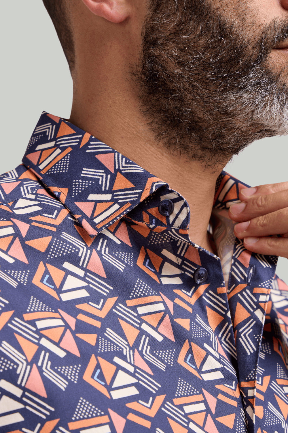 Double TWO Geo Print Short Sleeve Shirt For Men in Navy, M-5XL