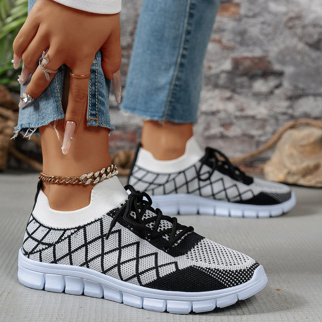 Women's Color block Plaid Fly knit Sneakers – Breathable Lace-Up Mesh Running & Walking Shoes