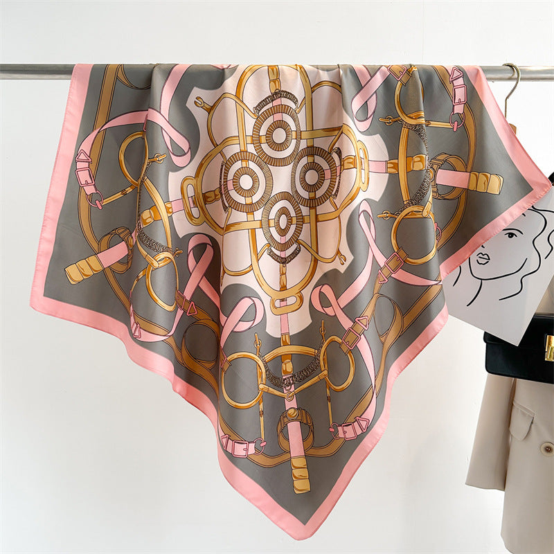 Women's Premium Twill Silk Scarf, Large Printed 90/90cm Striped Square Scarf