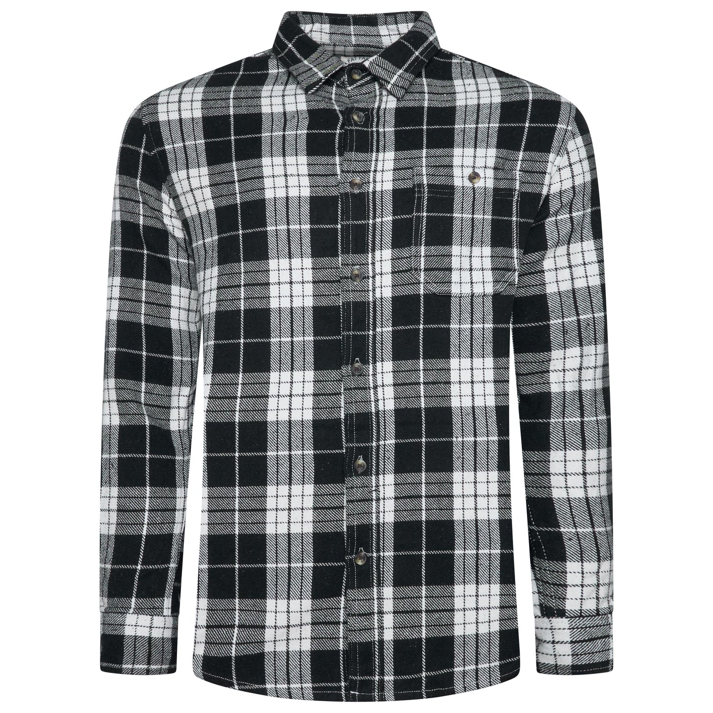 A long-sleeve button-up plaid shirt in black, gray, and white, featuring a classic collar and a small chest pocket on the left side.