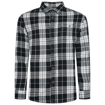 A long-sleeve button-up plaid shirt in black, gray, and white, featuring a classic collar and a small chest pocket on the left side.