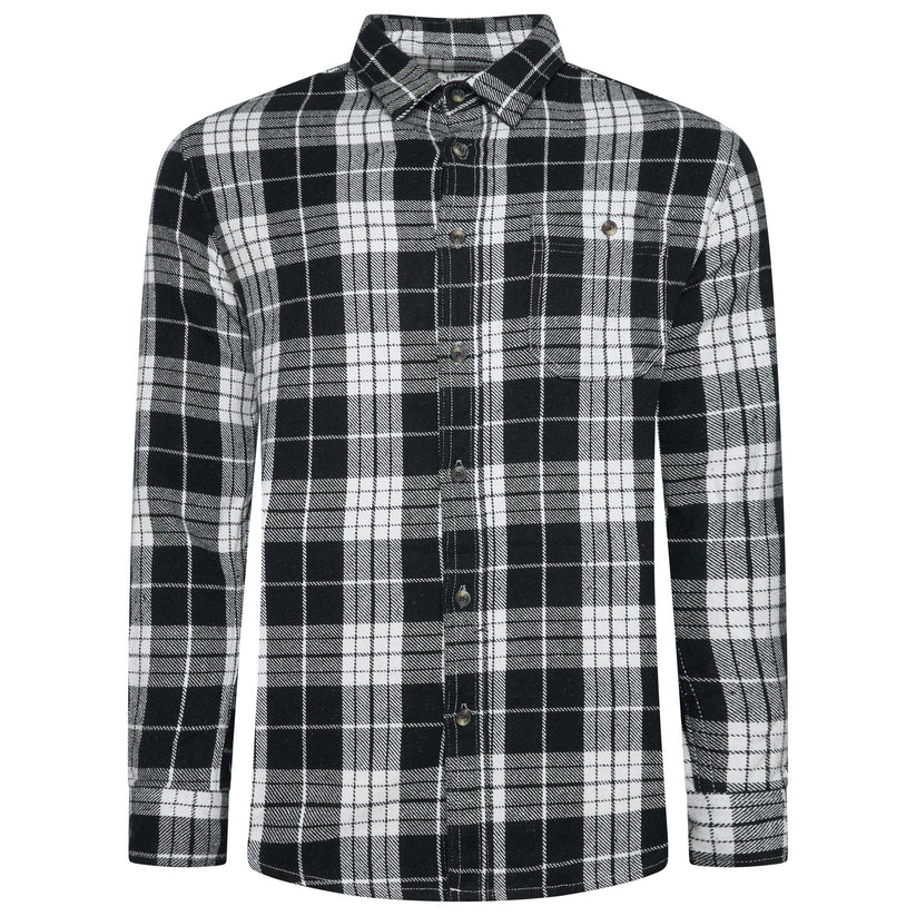 A long-sleeve button-up plaid shirt in black, gray, and white, featuring a classic collar and a small chest pocket on the left side.