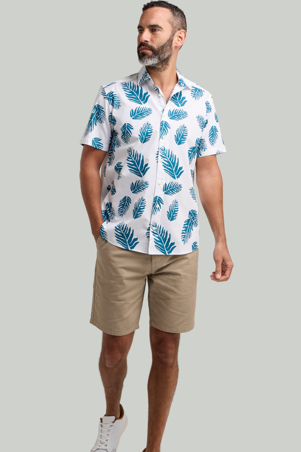 Double TWO Floral Leaf Print Short Sleeve Shirt For Men in Teal, M-5XL