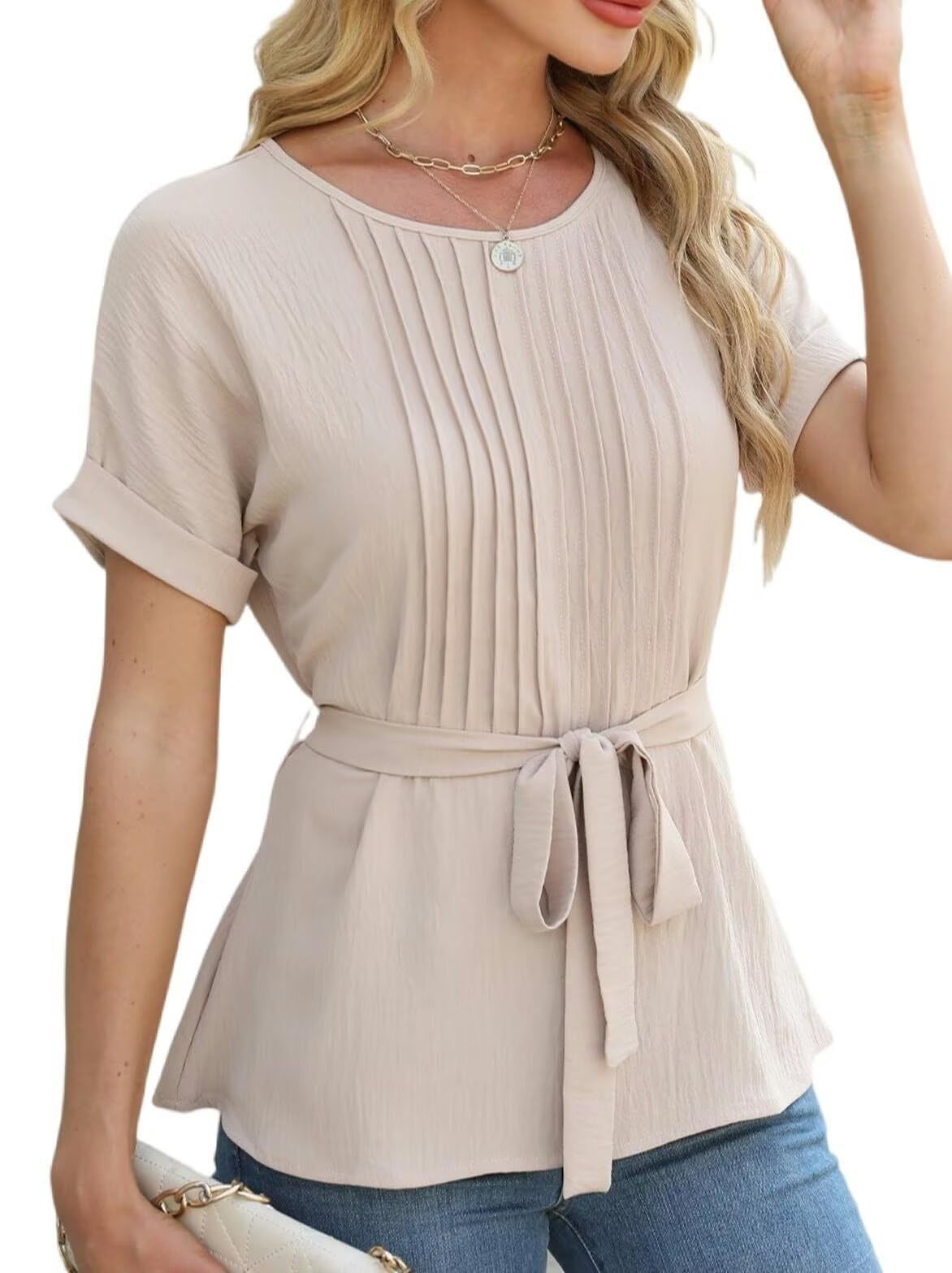 Womens Casual Shirt Ruffled Pleated Round Neck Short Sleeve Top