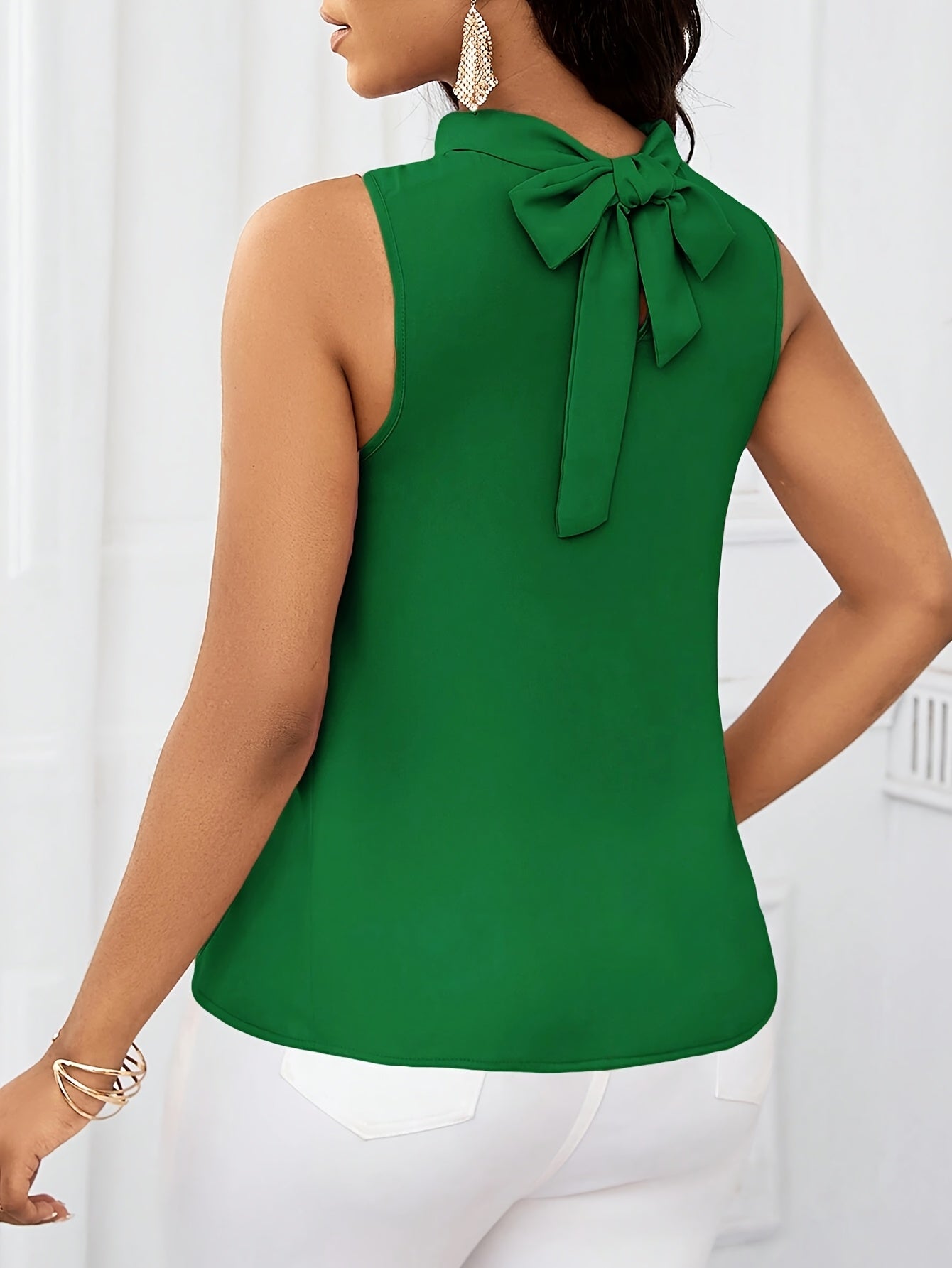 Women's High Neck Sleeveless Top – Solid Color with Lace-Up Detail
