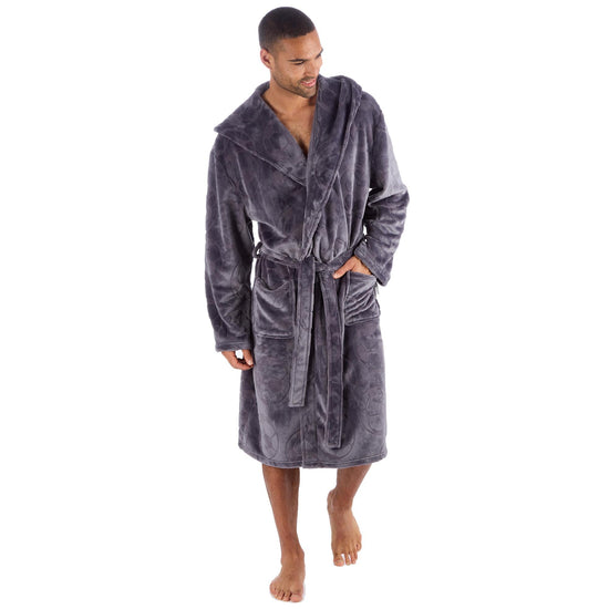 Men's Grey Football Pattern Fleece Hooded Dressing Gown with Front Pockets