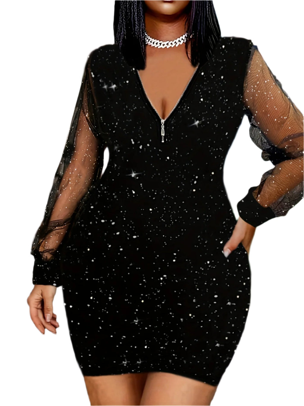 Hot Diamond Sequin Net Splicing Dress Elegant Commuting V-neck Zipper Long Sleeve Dress