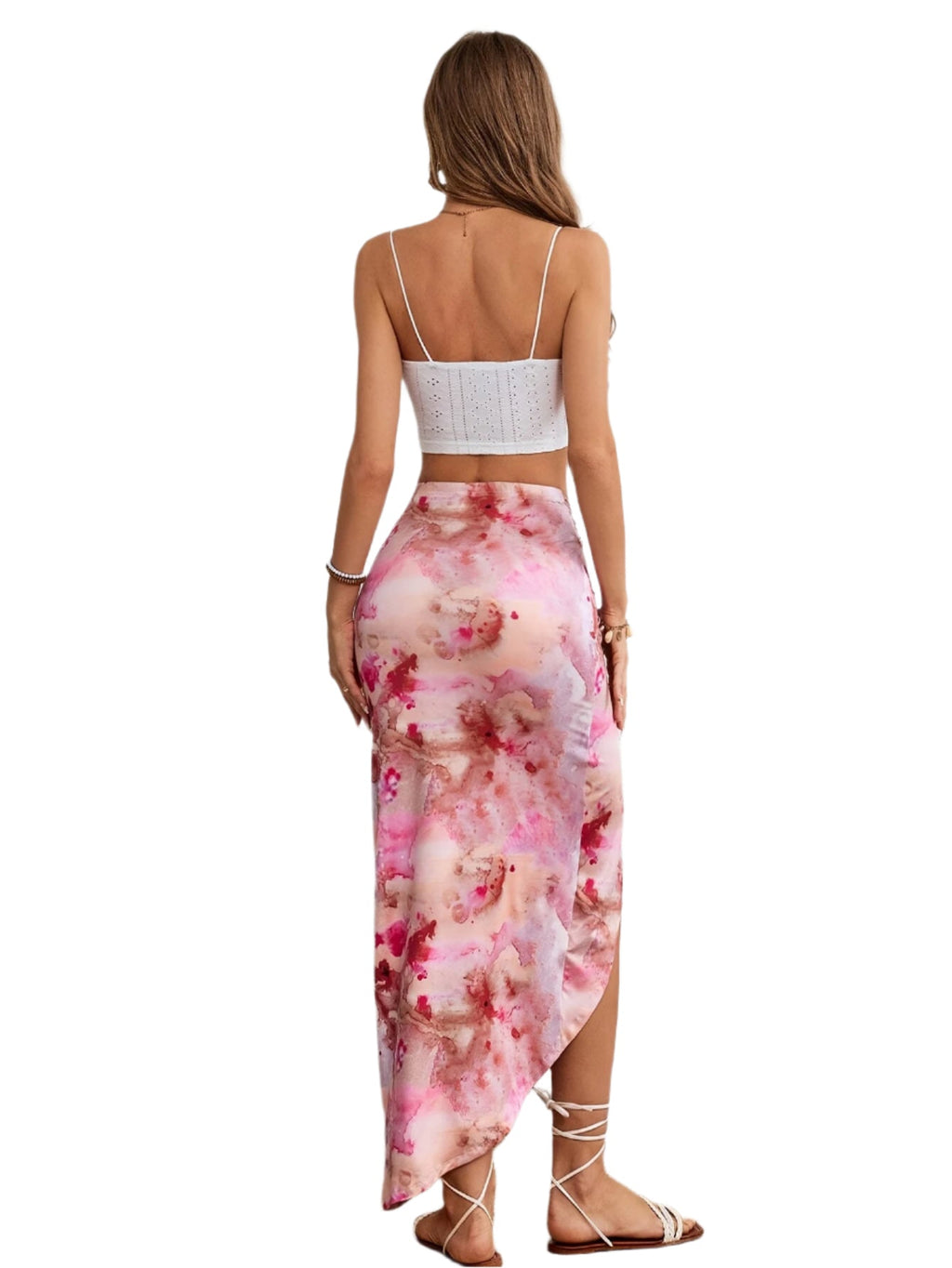 Women's Bohemian Style Floral Print Sleeveless Top with Cross Strap Detail, High Slit Skirt Set