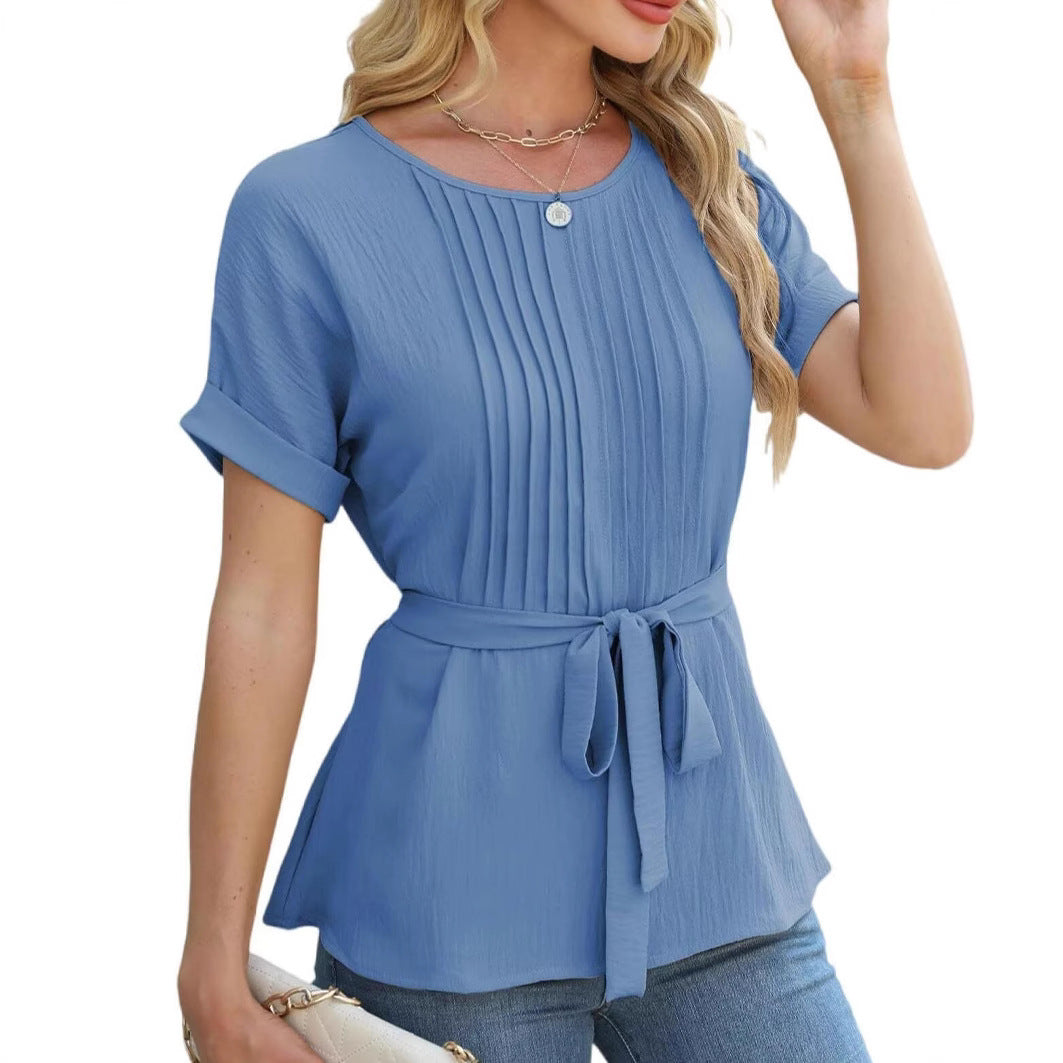 Womens Casual Shirt Ruffled Pleated Round Neck Short Sleeve Top