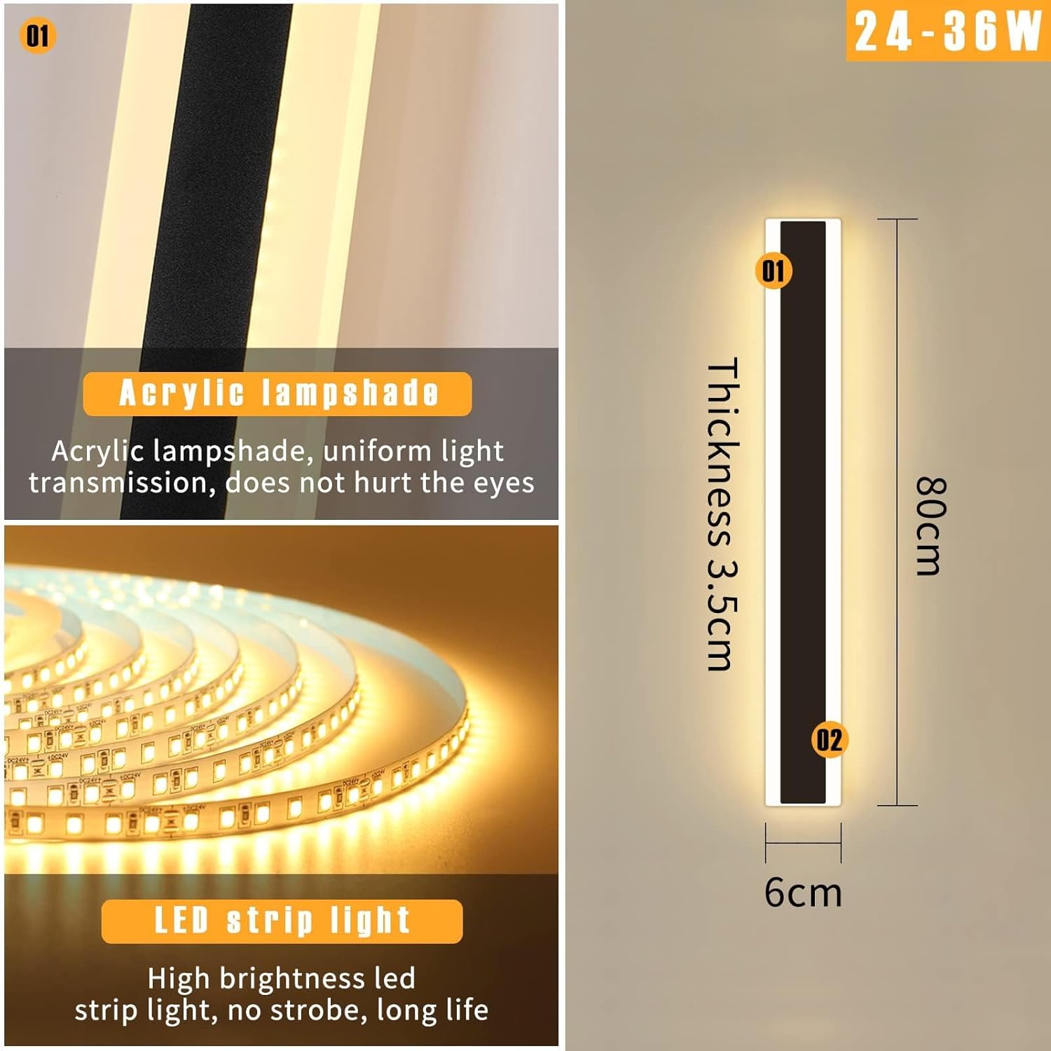 Mikeru 80CM LED Outdoor Modern Strip Wall Light, 3000k/4500k/6000k, 31W, IP65