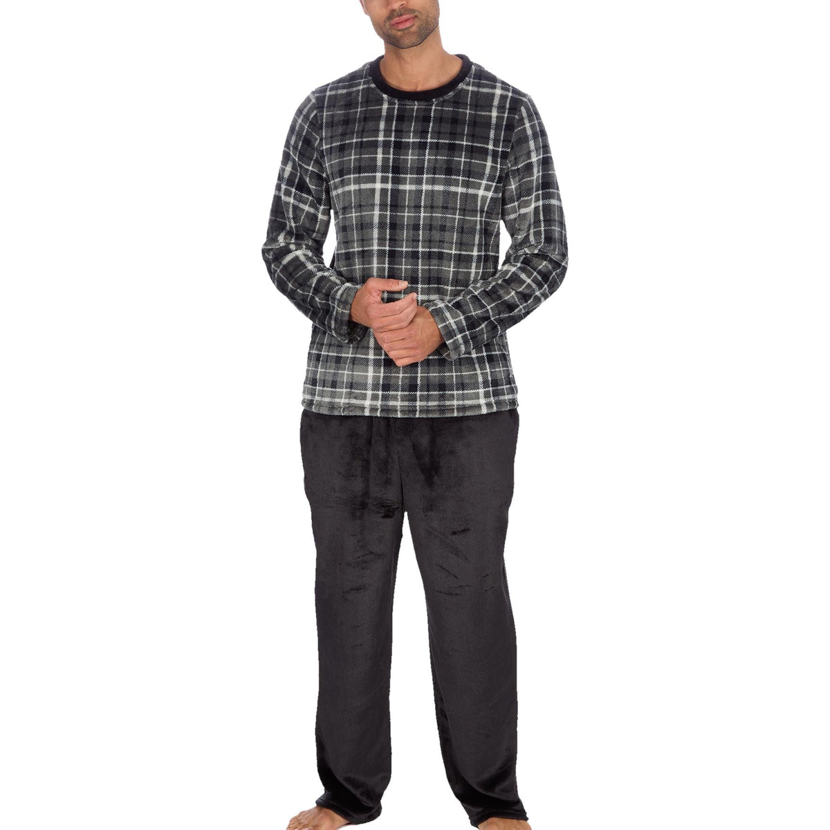 Cargo Bay Men's Check Fleece Lounge Set with Crew Neck Top and Pockets