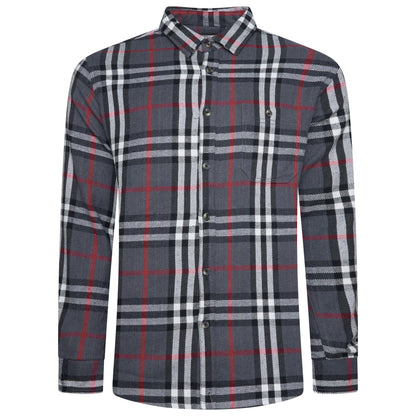 A long-sleeve plaid button-up shirt in gray, white, and red, shown against a plain white background.