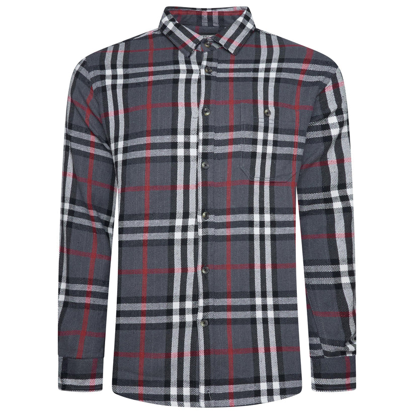 A long-sleeve plaid button-up shirt in gray, white, and red, shown against a plain white background.