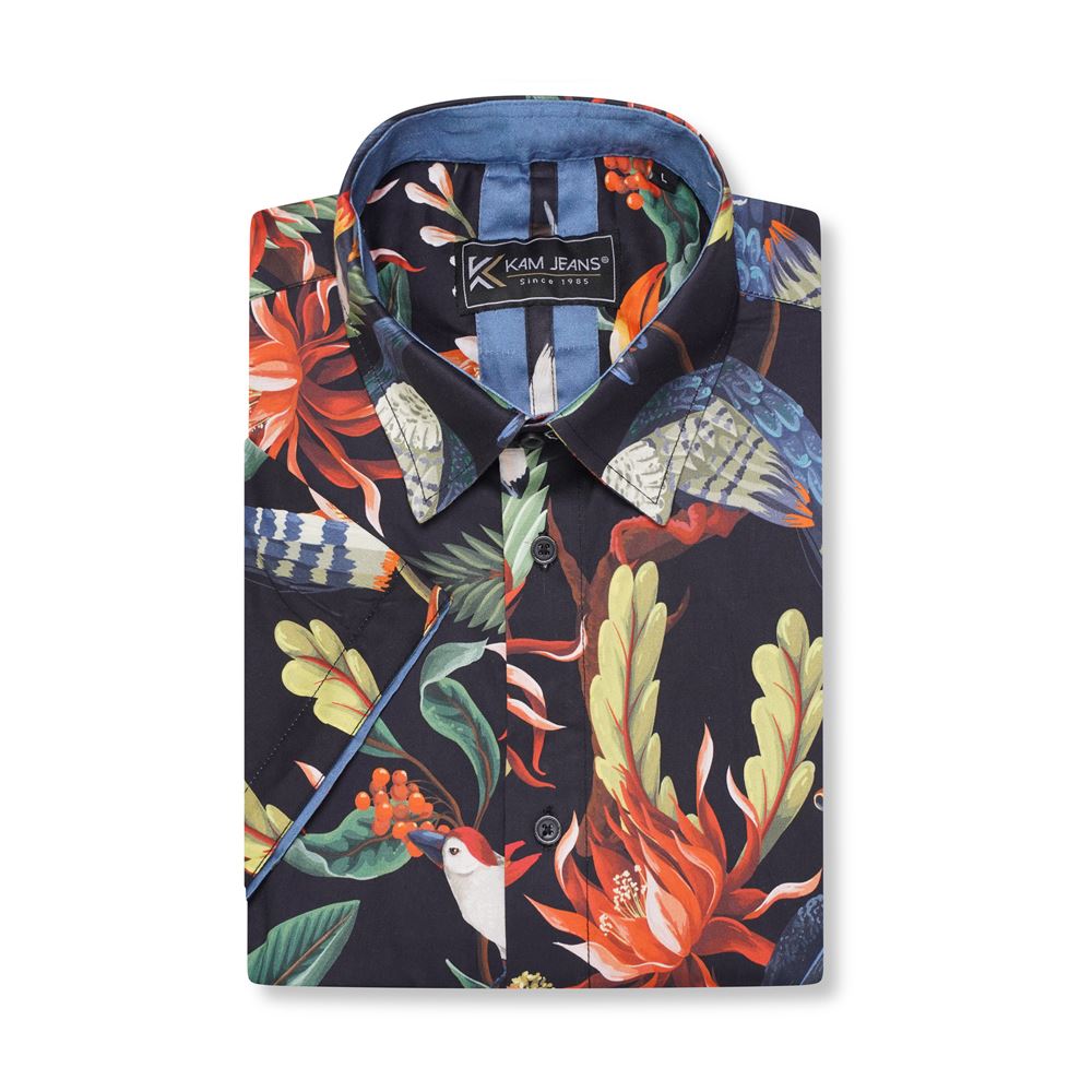 KAM Bird Print Short Sleeve Shirt For Men in Navy, 2XL-8XL