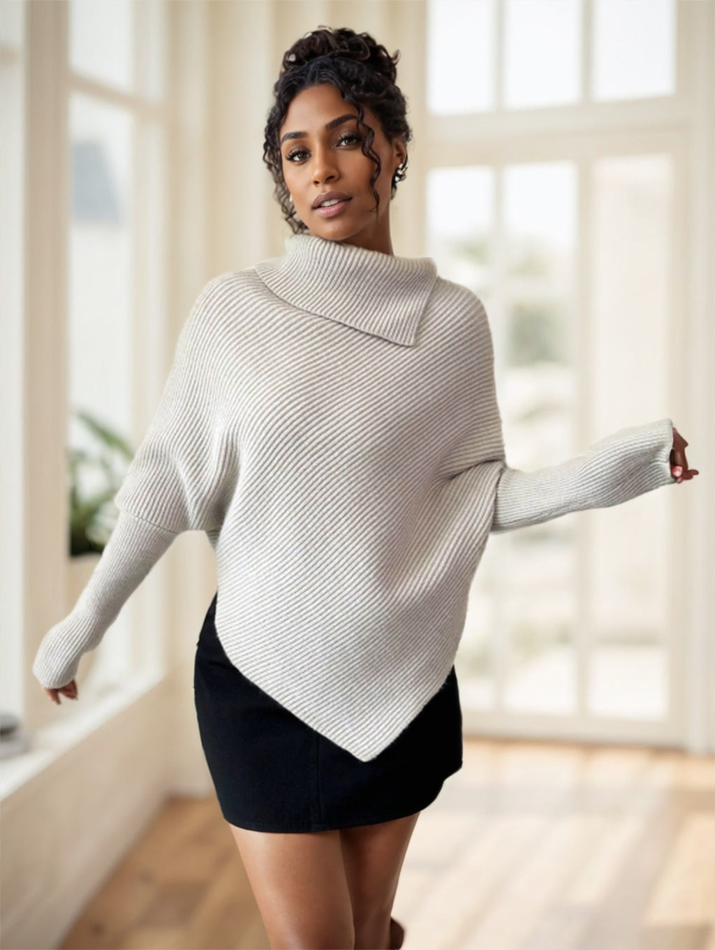 Women’s Black Asymmetrical Turtleneck Sweater – Elegant Knit Pullover