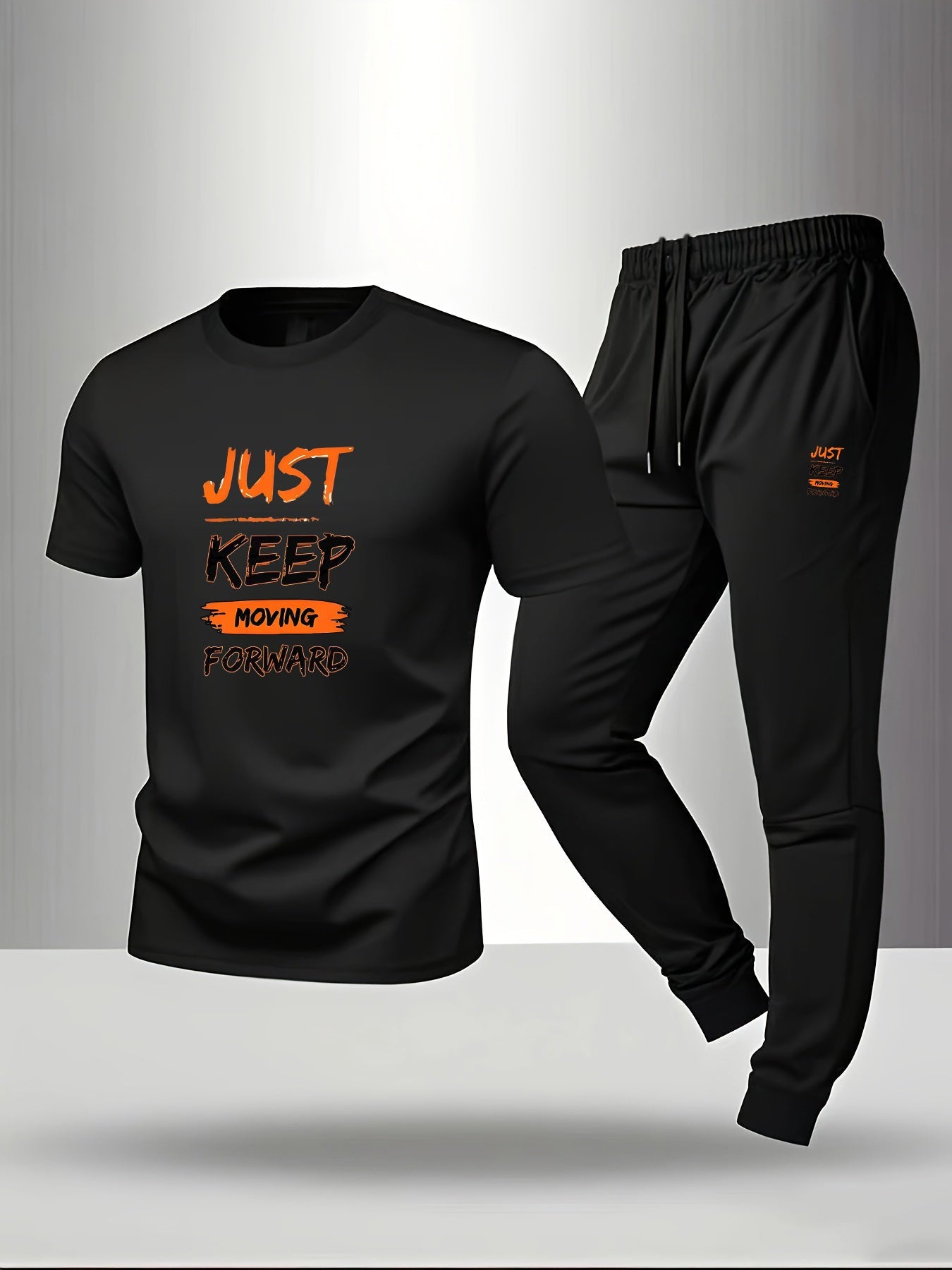 Men’s Breathable Athletic Set – White “Just Keep Moving” T-Shirt & Black Joggers