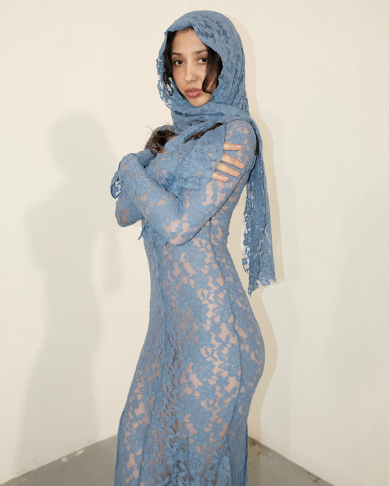 Blue Lace Floral Vintage Maxi Dress & Head Scarf (Optional) - QHA UK