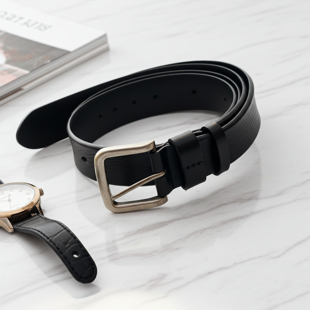 QHA Mens 38mm Top Grain Leather Jeans Belt with Pin Buckle, Black Q16