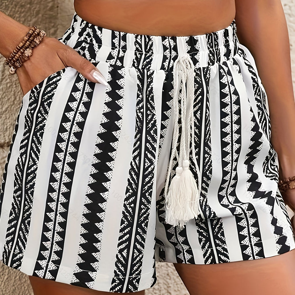 Women's Black and White Striped Shorts with Fringe Detail - Casual Summer Shorts