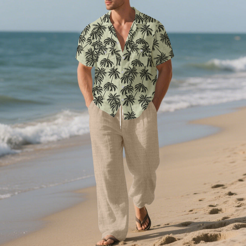 Casual Loose Shirt and Trousers Set, Two-pieces Beach Suit For Men