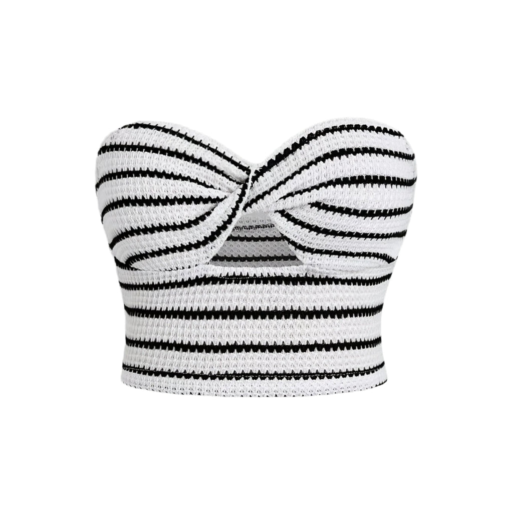 Women's Striped Cut-Out Twist Front Crop Off Shoulder Top