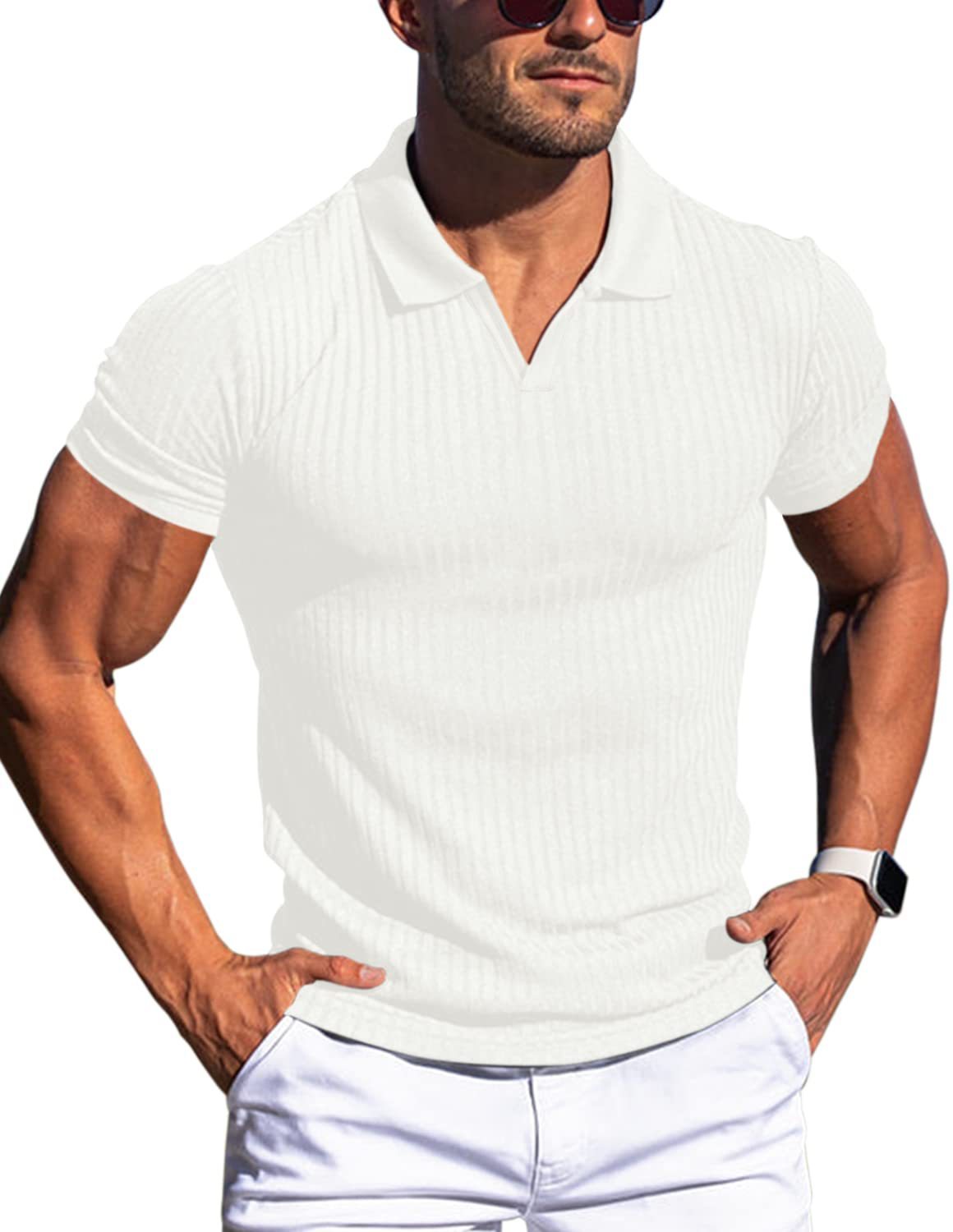 Men’s Vertical Stripe Polo Shirt V-Neck Short Sleeve Lapel Casual T-Shirt
