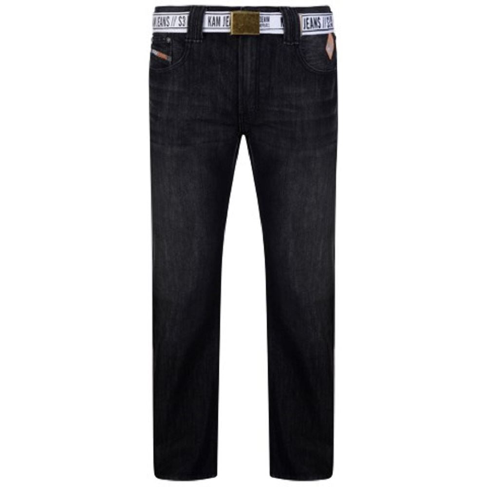 KAM Mens Regular Fit Black Used Belted Jeans (Carter)