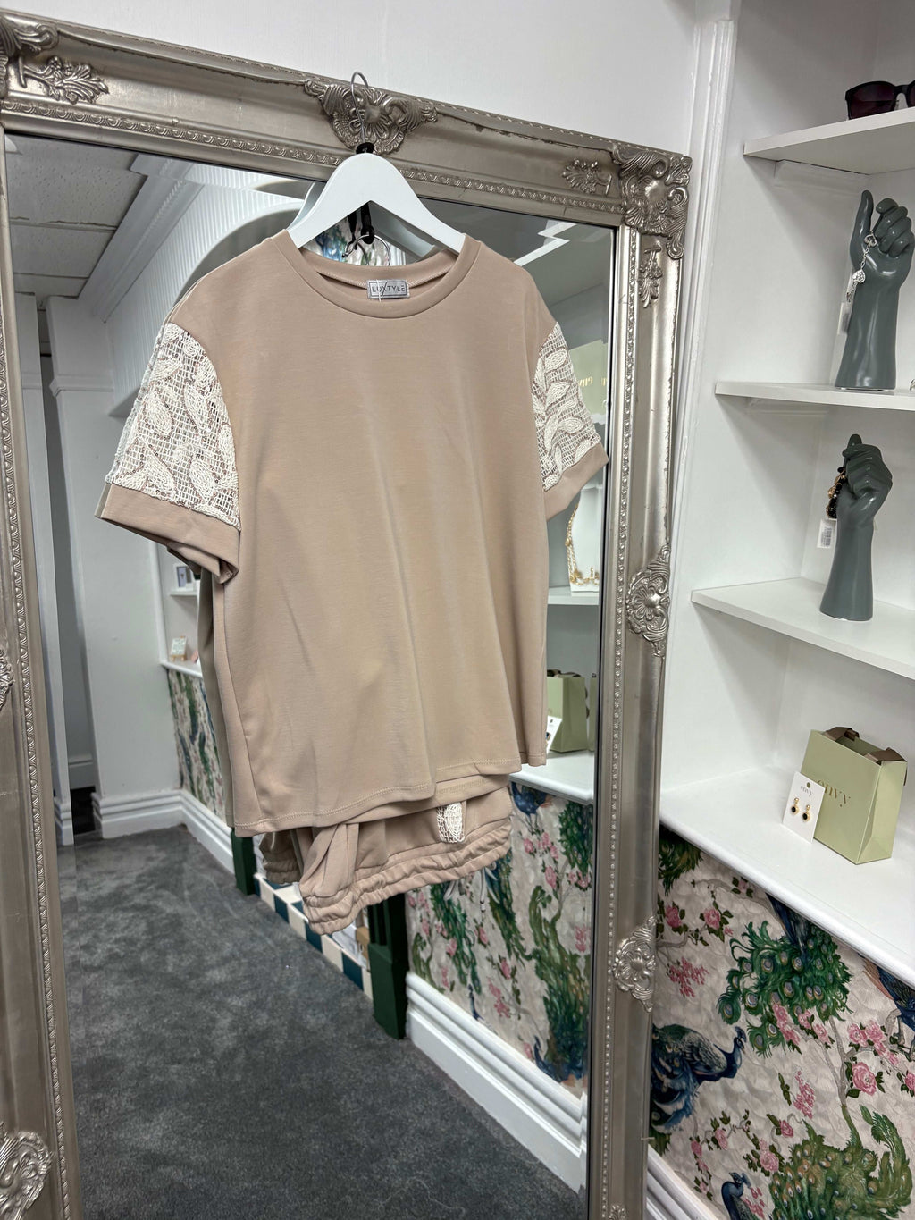 Luxtyle Soft Knit Co-ord Set | Crochet & Sequin Sleeve Top with Matching Trousers | One Size Fits Up to 14