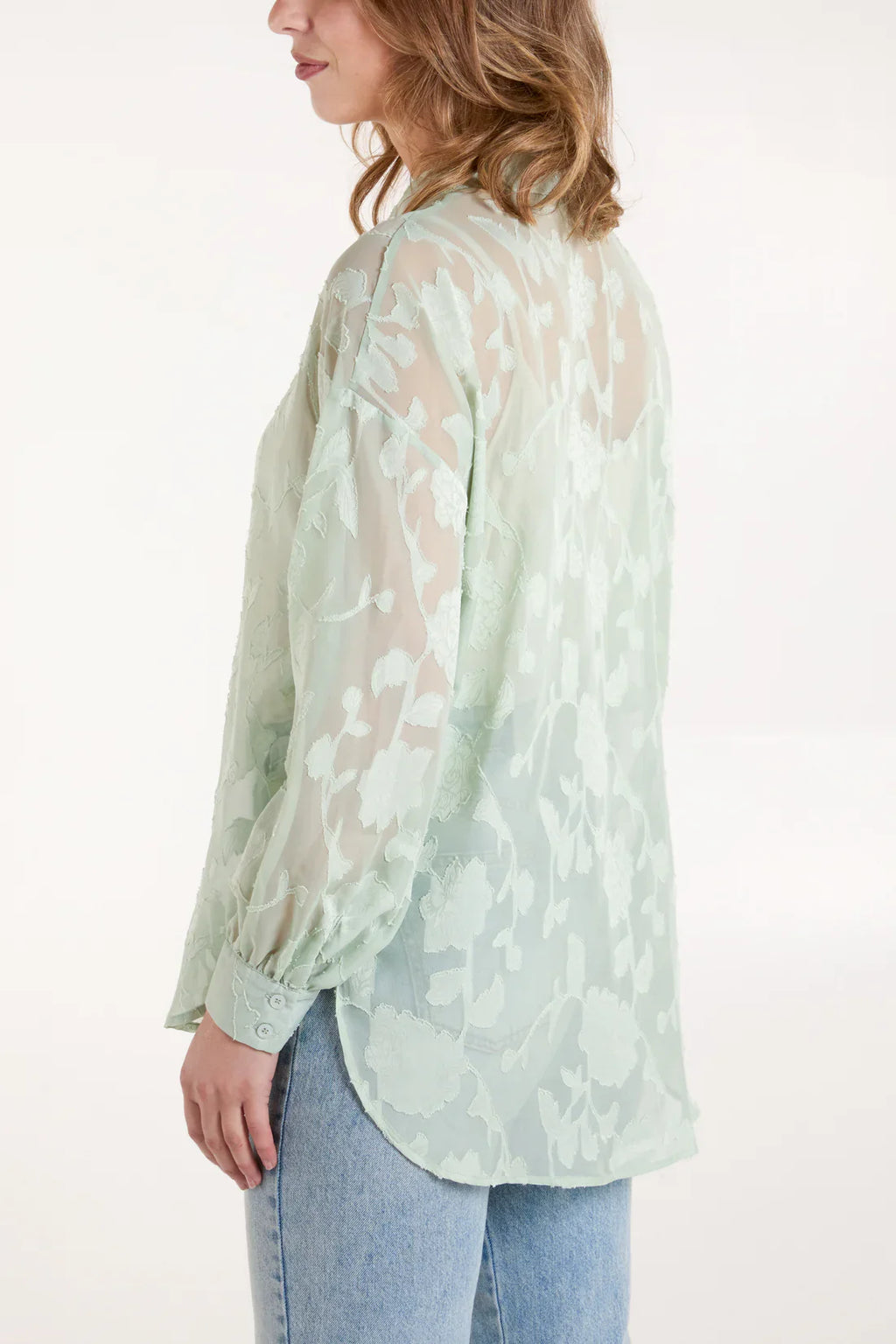Sheer Floral Devore Shirt Mint | Lightweight Button-Up Blouse