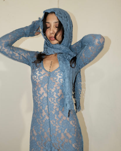 Blue Lace Floral Vintage Maxi Dress & Head Scarf (Optional) - QHA UK