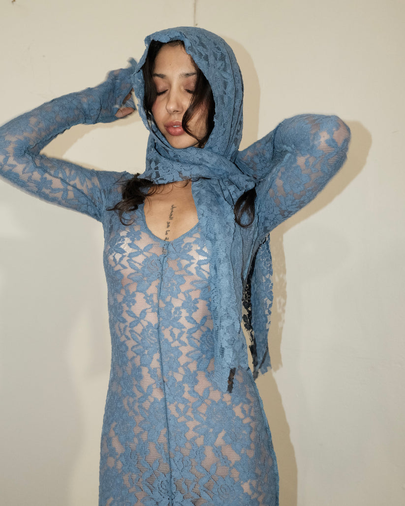 Blue Lace Floral Vintage Maxi Dress & Head Scarf (Optional) - QHA UK