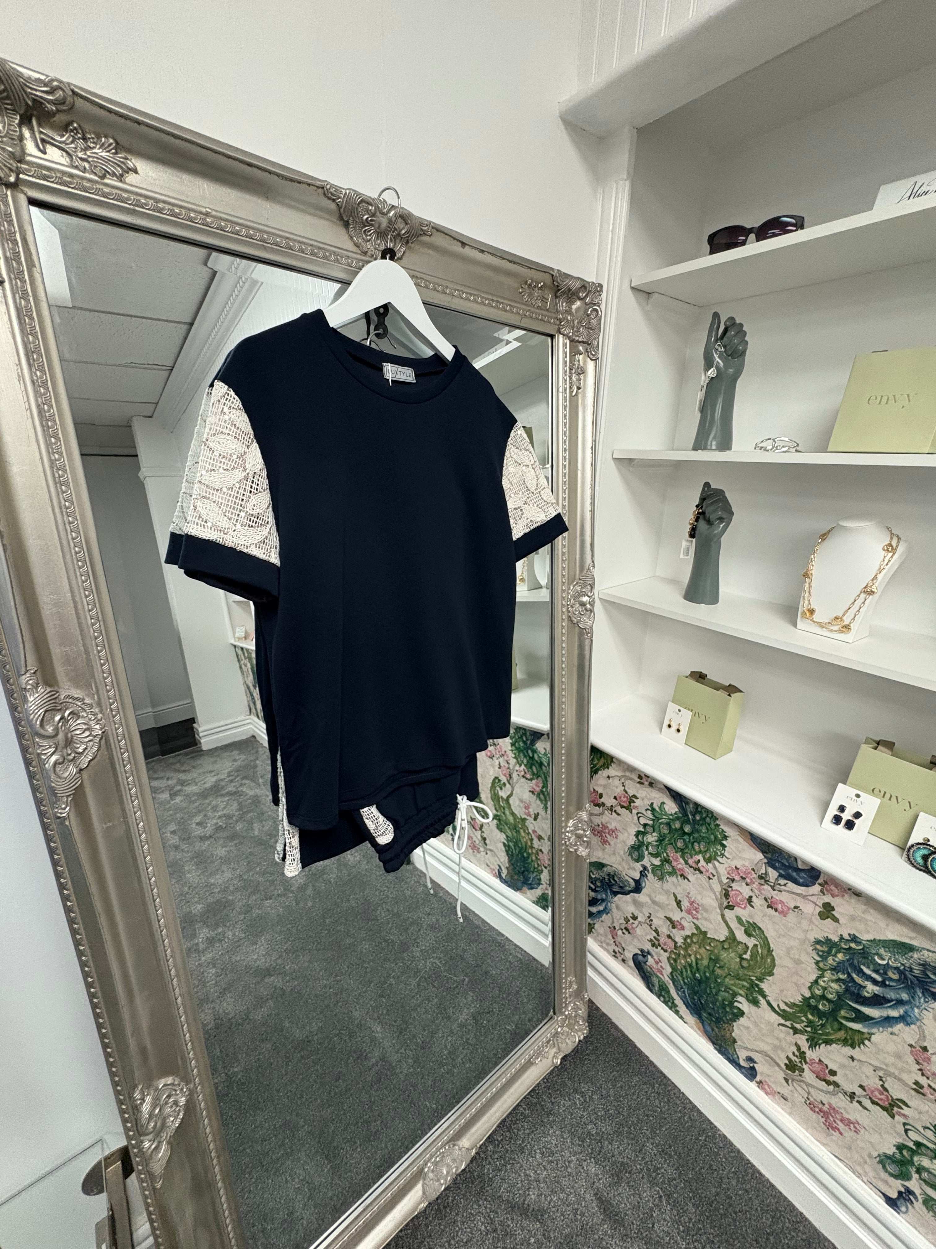 Luxtyle Soft Knit Co-ord Set | Crochet & Sequin Sleeve Top with Matching Trousers | One Size Fits Up to 14