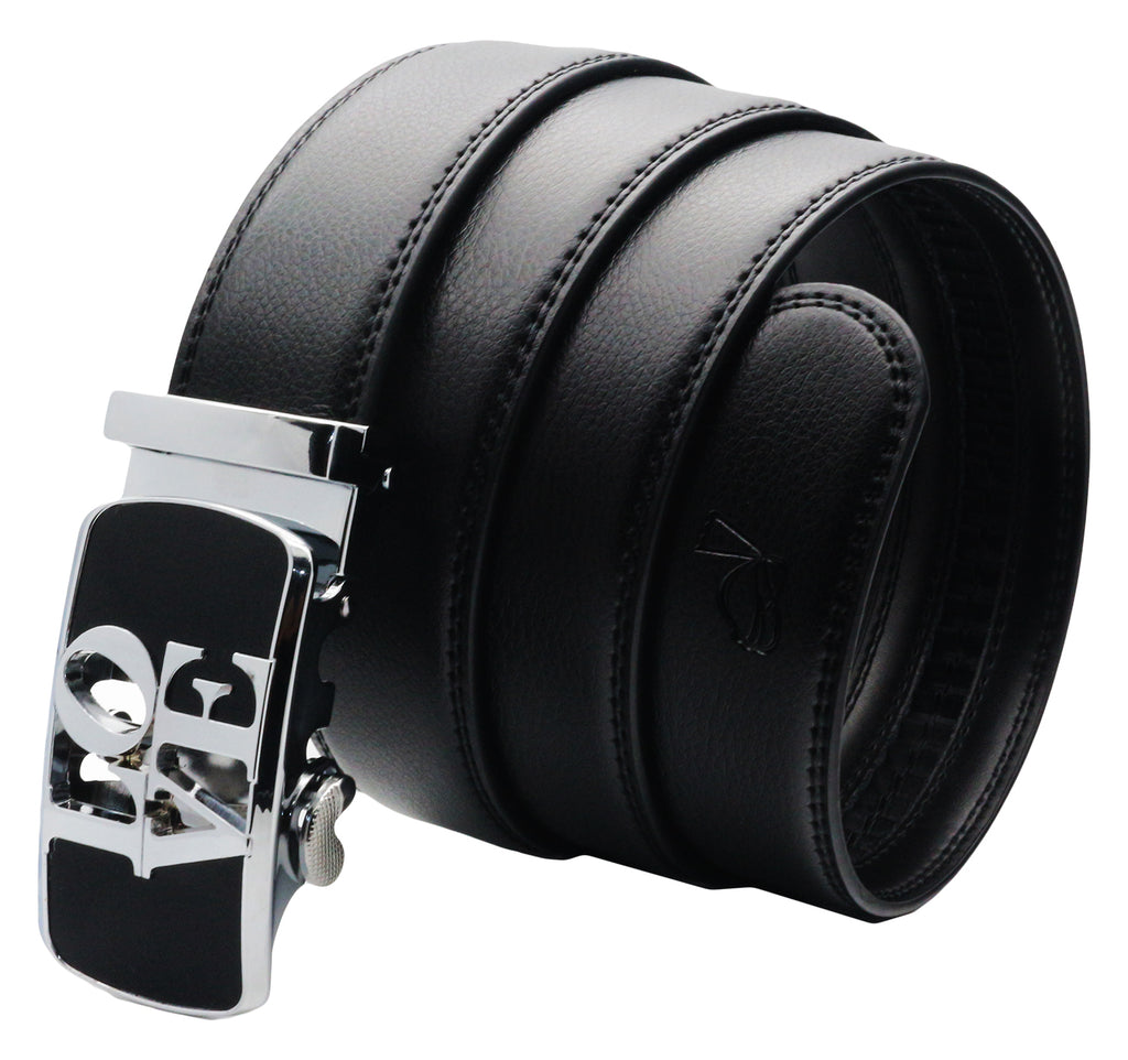 QHA Womens 35mm Ratchet Split Leather Belt, "LOVE" Buckle Q61