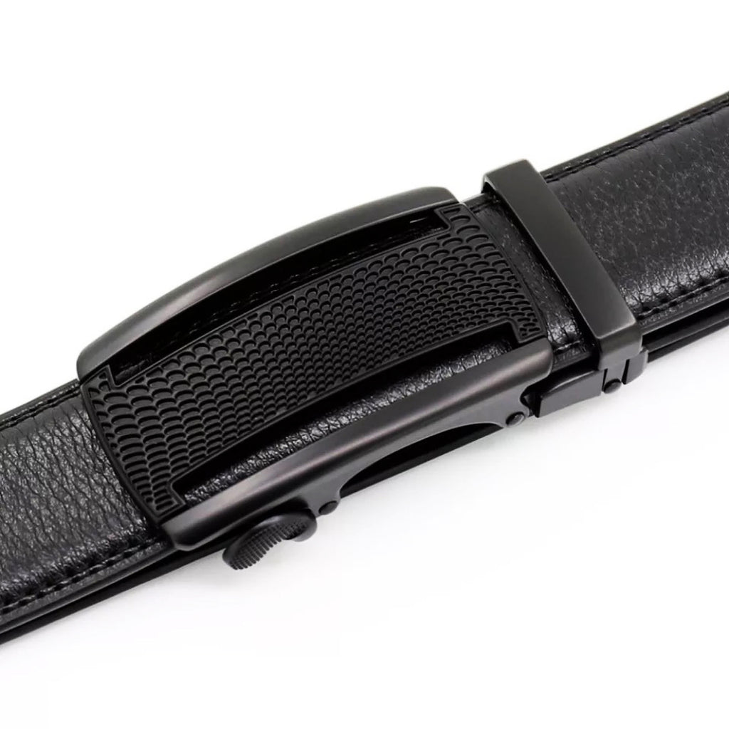 QHA Mens 35mm Ratchet Leather Belt, Polished Black Plastic Grid Buckle Q5085