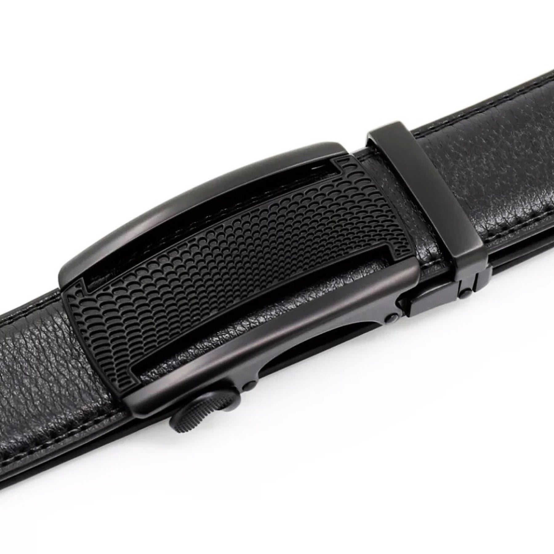 QHA Mens 35mm Ratchet Leather Belt, Polished Black Plastic Grid Buckle Q5085