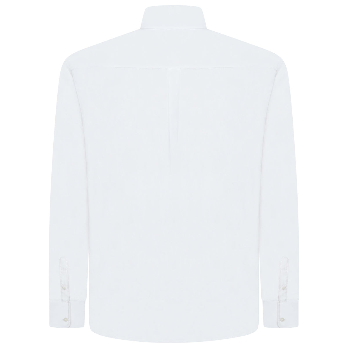 A white long-sleeve button-down shirt shown from the back, featuring a classic collar and a central seam running down the back.