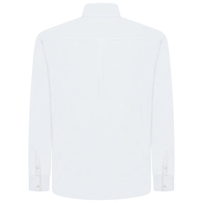 A white long-sleeve button-down shirt shown from the back, featuring a classic collar and a central seam running down the back.