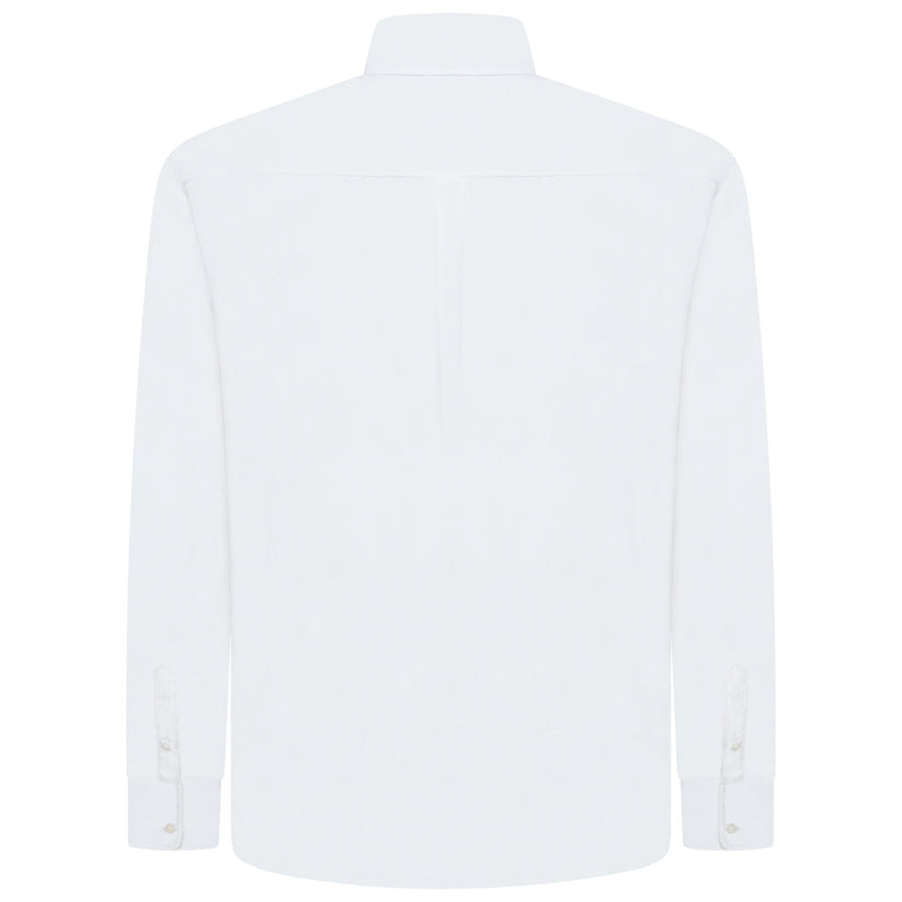 A white long-sleeve button-down shirt shown from the back, featuring a classic collar and a central seam running down the back.
