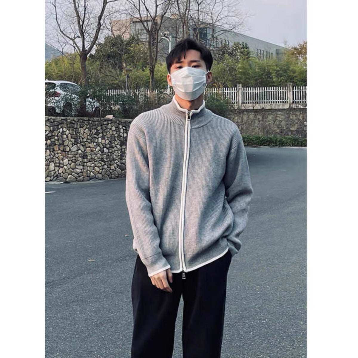 Mens Fashion Loose Cardigan Sweater Coat – Black/Gray/White Polyester Casual Wear