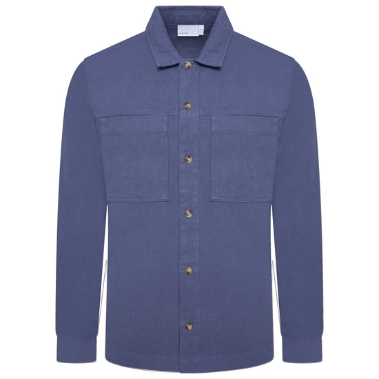 A blue long-sleeve button-up shirt with two chest pockets and brass-colored buttons, shown on a plain white background.