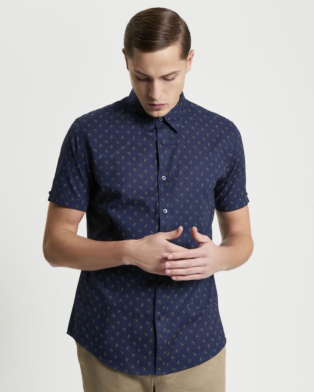 Ben Sherman Stipple Print Short Sleeve Shirt For Men in Dark Navy, 2XL-5XL