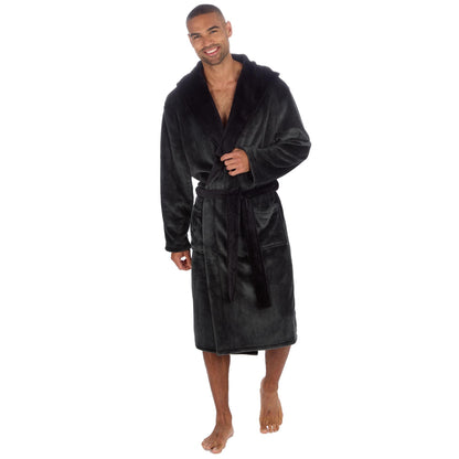 Pierre Roche Men's Hooded Fleece Dressing Gown with Contrast Belt & Pockets