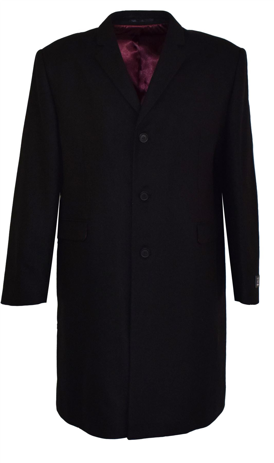 SCOTT Men's Melton Black Overcoat Notch Lapel with 2 straight Side Pockets, Size 42-60
