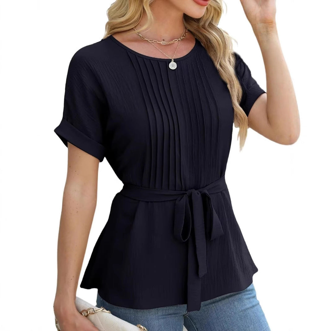 Womens Casual Shirt Ruffled Pleated Round Neck Short Sleeve Top