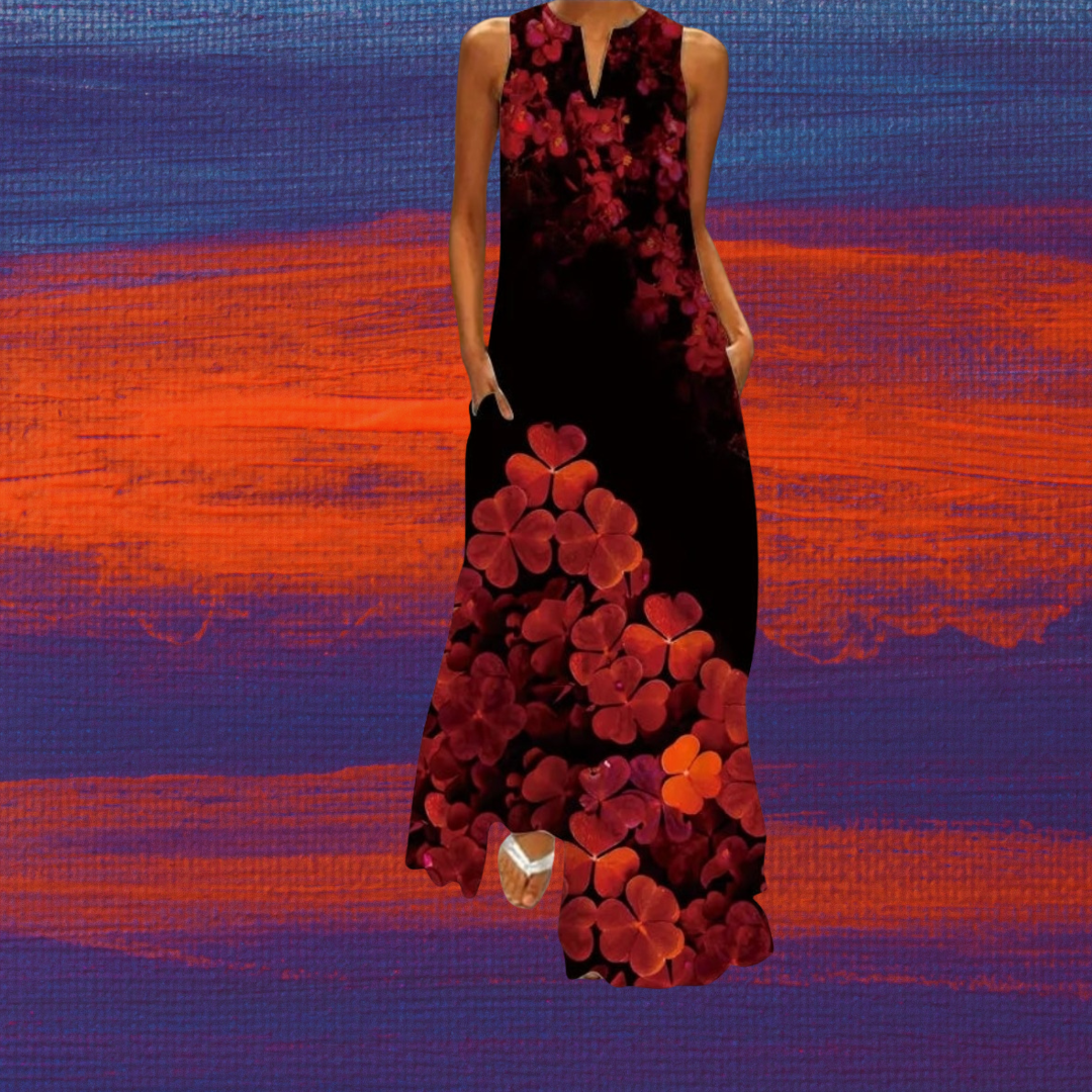 Boho Retro V-Neck Sleeveless Maxi Dress – Artistic Summer Long Dress for Women