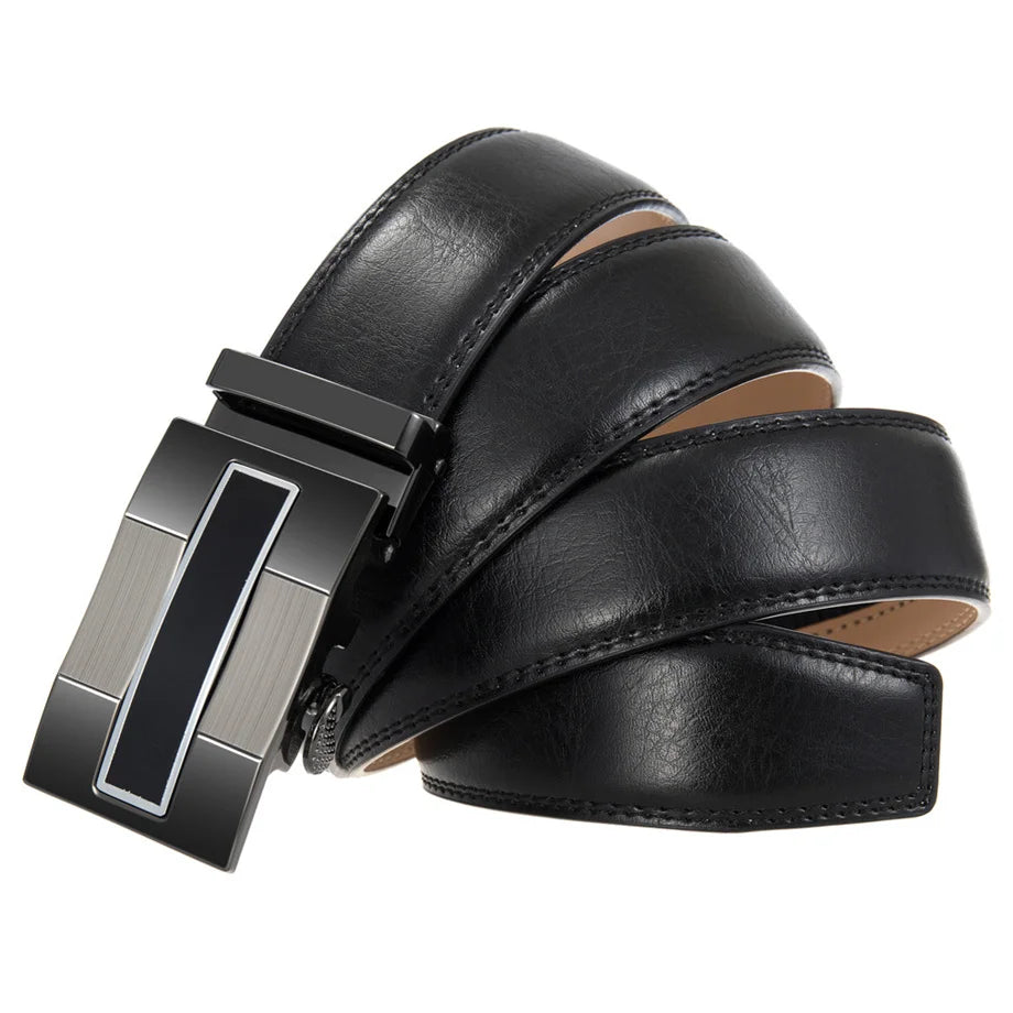 QHA Mens 35mm Ratchet Leather Belt, Gunmetal Vertical Inlay Automatic Buckle Q68