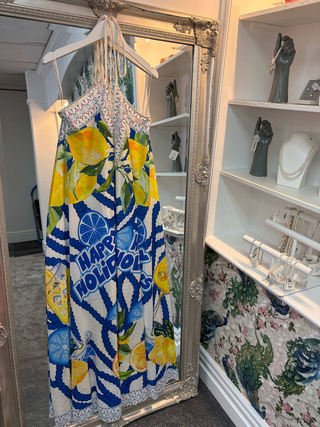 Blue and Lemon Happy Holidays Maxi Dress – One Size 8–18