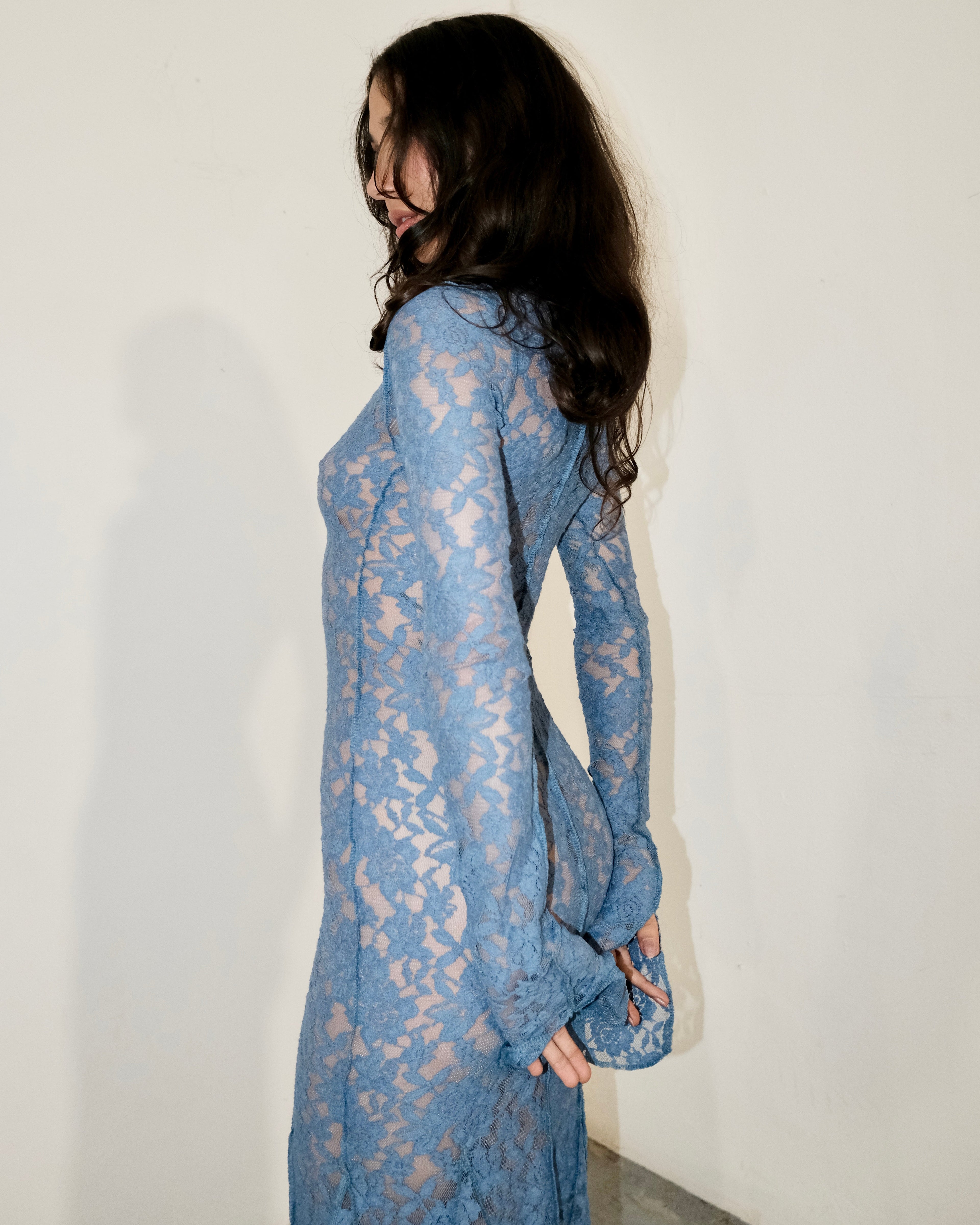 Blue Lace Floral Vintage Maxi Dress & Head Scarf (Optional)