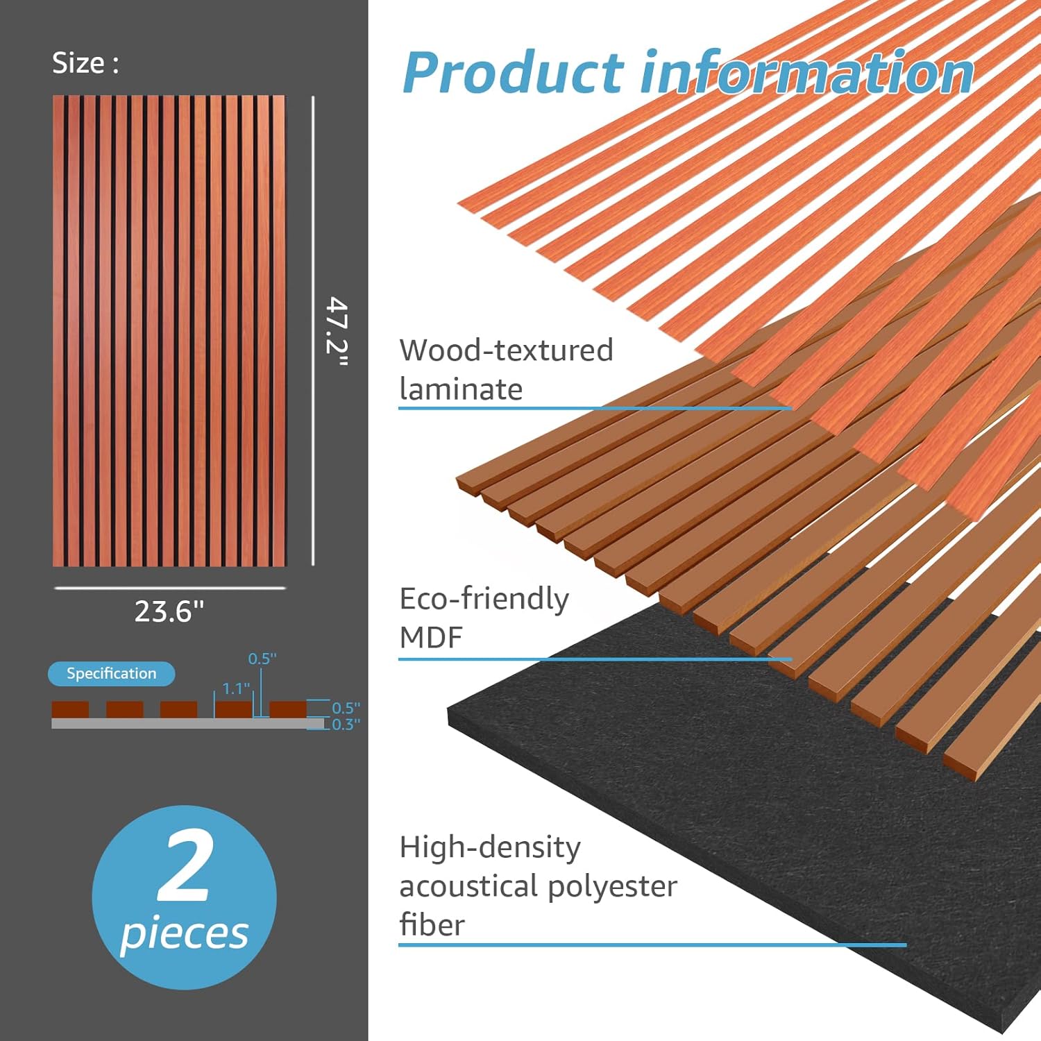 Acoustic Wood Slatted Wall Panels 2 Pack 60x120cm 3D Effect Cherry Finish Art3d