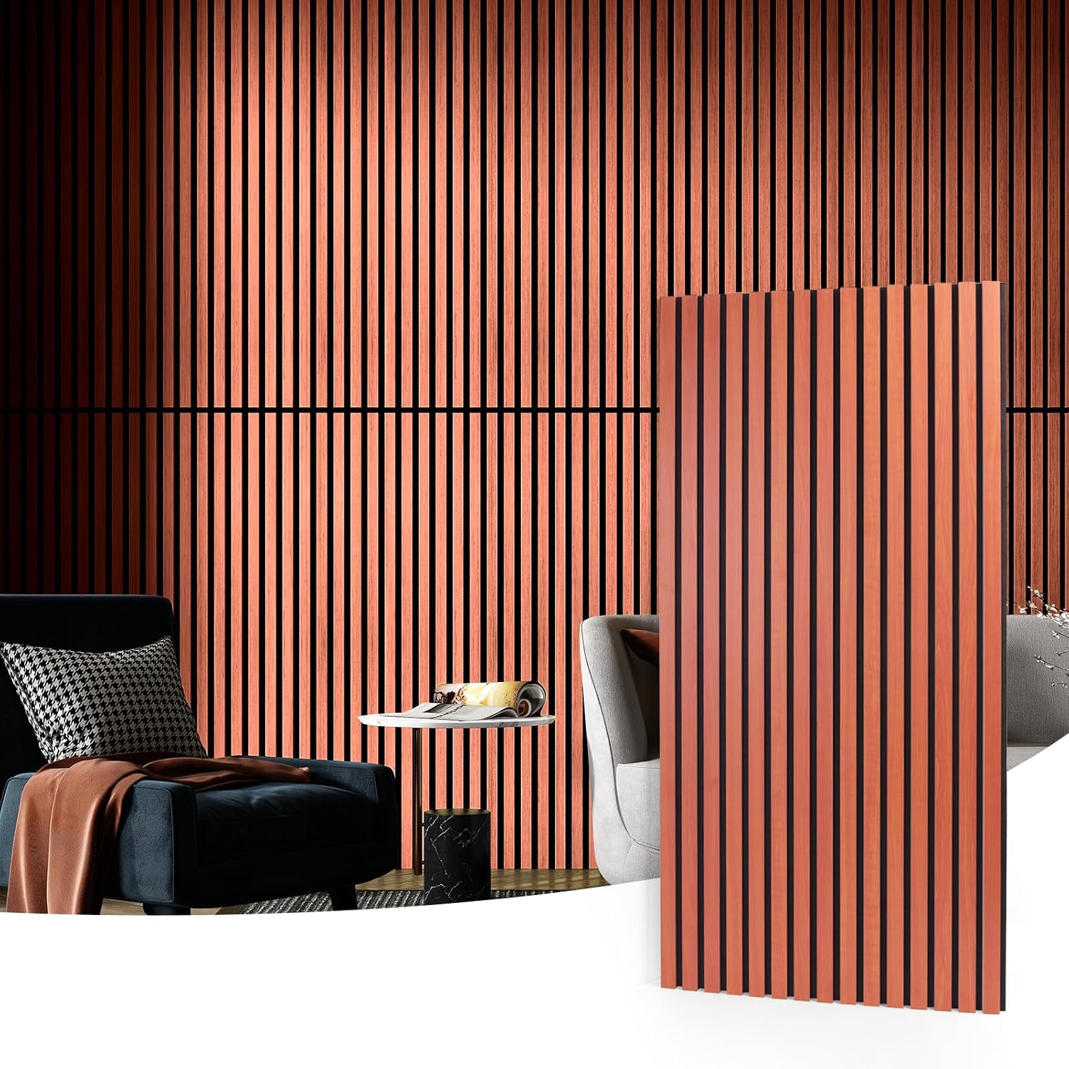 Acoustic Wood Slatted Wall Panels 2 Pack 60x120cm 3D Effect Cherry Finish Art3d